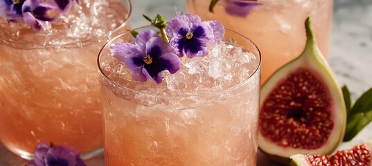 Make a refreshing fig cocktail recipe with violet flower garnish and crushed ice for summer parties and events