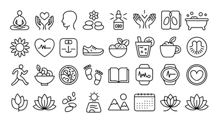 Wellness icons set for healthy lifestyle balance including meditation balanced diet fitness and relaxation self care vector illustration