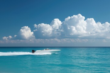 Speedboat racing across crystal blue ocean under clear sky with fluffy clouds
