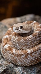 Fototapeta premium Coiled Desert Snake Resting on Rocky Surface with Intense Eyes