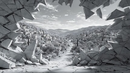 Grayscale view of a village nestled in hills seen through broken rock formations in the foreground