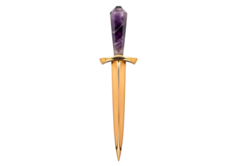 A polished gold dagger features a striking piece of purple amethyst.