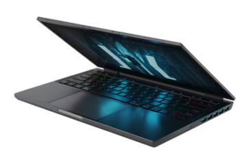 Sleek modern laptop with vibrant RGB keyboard and futuristic screen display, perfect for gamers and creators