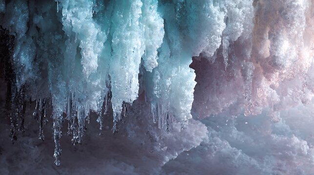 Close up view of hanging icicles with a blue hue and melting water dripping from the tips of the ice