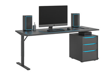 Modern gaming desk setup with sleek computer, speakers, and storage for ultimate performance and style