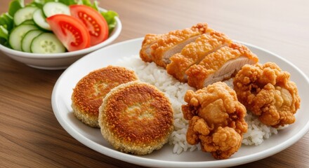 Delicious Crispy Fried Chicken and Rice Meal with Fresh Salad