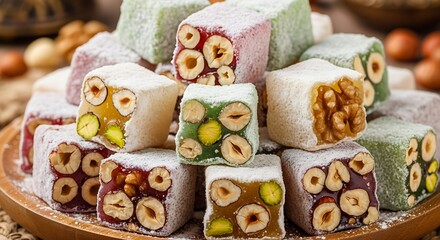 Fototapeta premium A closeup of a pile of delicious turkish delight lokum with nuts and fruit