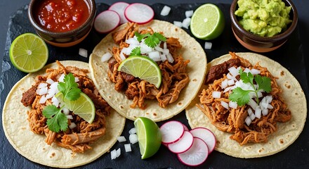 Fototapeta premium Three authentic mexican tacos with shredded meat, onion, cilantro, and lime