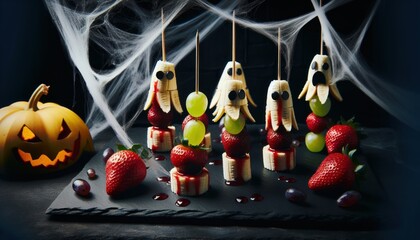 Halloween themed fruit ghosts kitchen food art spooky atmosphere close-up creative treats for kids