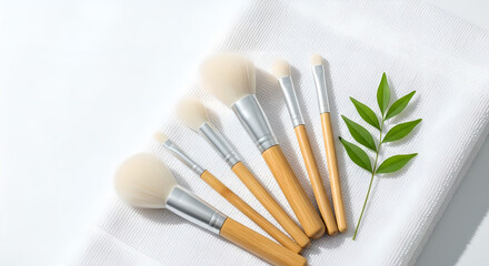 Obraz premium Natural Bamboo Makeup Brushes White Towel Beauty Essentials