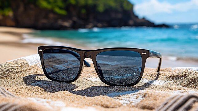 Pair of sleek black sunglasses resting on a sandy beach towel with gentle waves in the background capturing a relaxed summer vibe ideal for vacations by the sea