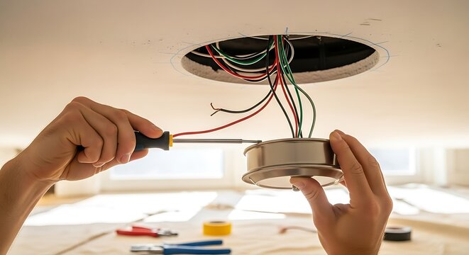 Electrician installing ceiling light.