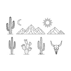 Western Landscape Icons: Desert, Cactus, and Mountain Line Art