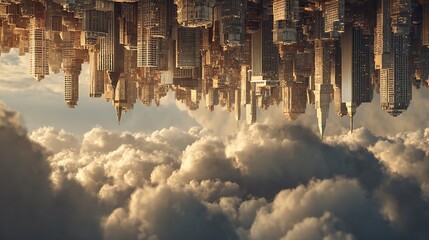 Upside down cityscape with skyscrapers reflected in fluffy clouds creating a surreal atmosphere