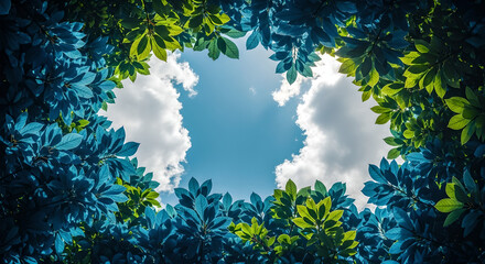 Vibrant green blue leaves framing bright blue sky clouds