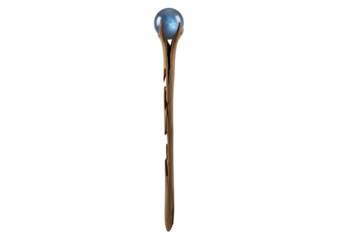 A stylized, wooden staff supports a vibrant blue orb, showcasing intricate detail and a mystical feel.
