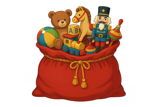 Red santa claus bag overflowing with toys on transparent background