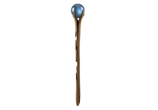 A stylized, wooden staff supports a vibrant blue orb, showcasing intricate detail and a mystical feel.