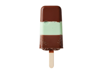 A delicious, three-layered chocolate mint ice pop stands out against a dark background, showcasing smooth, contrasting colors and textures.