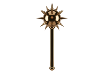 A golden, spiky mace stands out against a dark backdrop, highlighting its sharp points and cylindrical shaft.