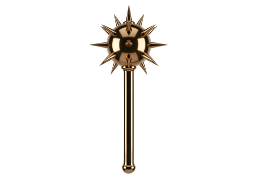 A golden, spiky mace stands out against a dark backdrop, highlighting its sharp points and cylindrical shaft.