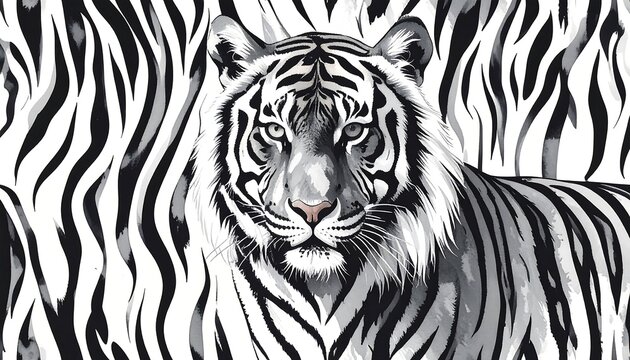White tiger portrait, zebra pattern background