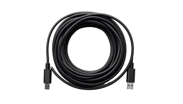 Black usb cable coiled on transparent background