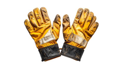 Dirty work gloves with transparent background showing signs of hard labor