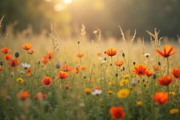 Colorful wildflower field with orange and yellow blossoms at sunset  