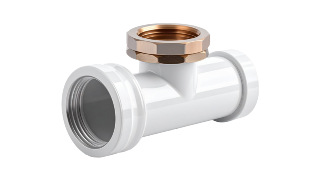 White ppr plastic pipe fitting with brass insert on transparent background