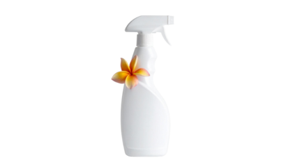 White plastic spray bottle with flower on transparent background