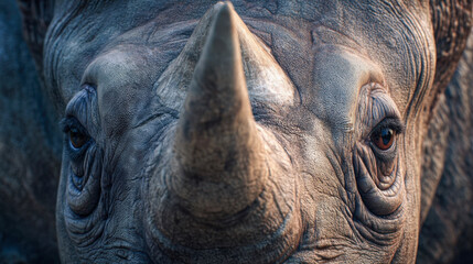 Close-up of rhinoceros face with horn and wrinkled skin, detailed portrait of wild animal