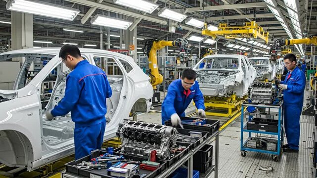Chinese Auto Workers on Modern Assembly Line - A cinematic view of Chinese workers assembling car bodies on a modern production line in a large factory.
