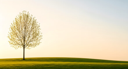 Fototapeta premium Spring Tree Green Hill Golden Sky Minimalist Landscape