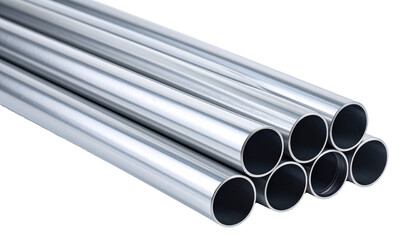 Shiny metal tubes arranged on transparent background
