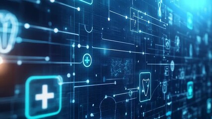 Futuristic interface showing medical and healthcare icons connecting through digital network - Powered by Adobe