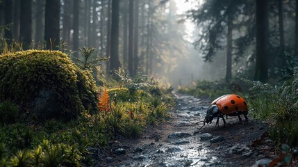 Ladybug on a misty forest path