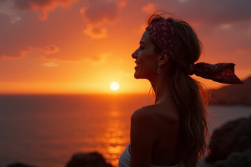 Fototapeta premium Silhouette of woman with headscarf enjoying sunset by the ocean 