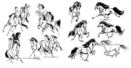 Ink painting set of the horses with simple brush strokes