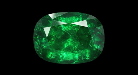 A detailed macro view of a vibrant green cushion-cut emerald gemstone, highlighting its facets and natural inclusions on a black background.
