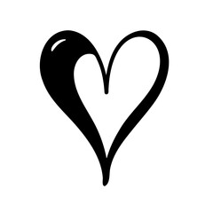 Stylized Simple Black Heart Drawing Illustration with Glossy Effect Isolated on White