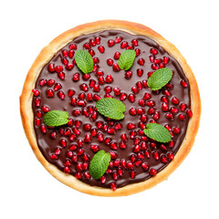Dessert creation featuring pomegranate seeds and chocolate ganache