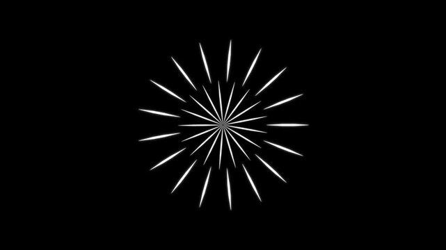 Circle firework display animation over a solid black background. Geometric firework circle burst pop-up with Bursts And Sparks. Fireworks circle blast in celebration projects and promotional visuals
