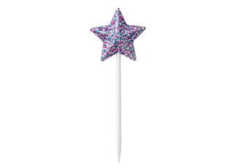 A vibrant, multicolored star-shaped candle topper, with glittering purple, blue, and pink sparkles, stands out against a black background.
