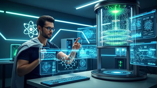 Quantum Computer Data Scientist at Work - A male data scientist interacts with a futuristic quantum computer, manipulating holographic data displays in a high-tech laboratory setting.
