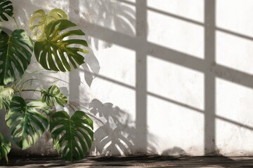 shadow overlay effects of realistic window and monstera leaf shadow isolated on transparent background, shadow for photo presentation interior backdrop mockup