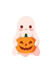 Fototapeta premium Cute cartoon ghost holding a carved Halloween pumpkin with a smiling face on a white background
