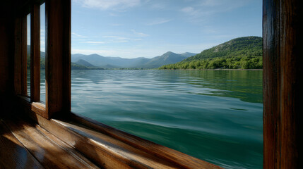 Scenic Lake and Mountain View from Wooden Window Frame
