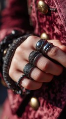 Detailed close-up of a hand adorned with intricate rings and jewelry during an outdoor festival celebration in a vibrant historical setting
