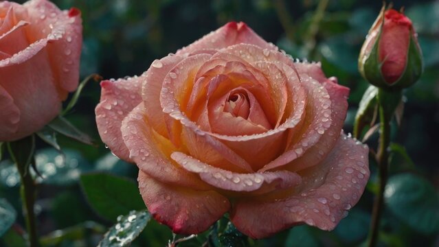 Delicate pink roses adorned with dew drops in soft lighting
